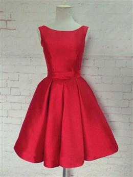 Picture of Cute Red Color Satin Scoop Sleeveless Short Party Dress, Red Color Homecoming Dresses